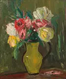 Leopold Schölm, Still life with flowers, oil on cardboard