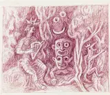 Figures in the woods by Alfred Wickenburg, c. 1960, coloured pencil on paper; framed, offered May 2021