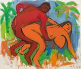 Otto Muehl, Copulating couple beneath red palms, 1984, oil on canvas; framed