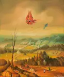 Karl Hodina, Flying kite, oil and tempera on wood; framed