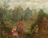 Christoph Donin, Mythological creatures near a stream, oil on board; framed