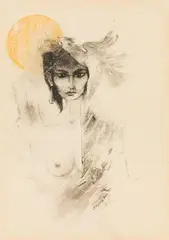 Lady with bird by Leherb, 1960, mixed media on paper; framed, sold May 2021