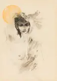 Leherb, Lady with bird, 1960, mixed media on paper; framed