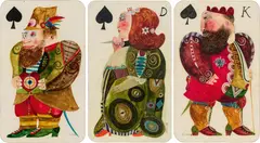 Karl Korab, Three playing cards, mixed media on paper, cellophane, framed