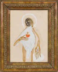 Tone Fink, o.T. schwarzer (Herzchristus), 1983/84, mixed media on paper (on the reverse Vintage-Poster Herz Jesu); framed