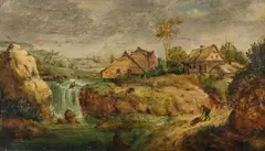 Adrian van Stalbemt, Farmsteads beside a waterfall, 1610-1620, oil on panel