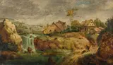 Adrian van Stalbemt, Farmsteads beside a waterfall, 1610-1620, oil on panel