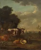 Nicolaes Claes Berchem, Landscape with resting herd, oil on canvas