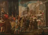 Joseph giving orders to fill his brother's sacks with grain by called Il Vicentino Andrea Michieli, oil on canvas, sold Dec 2020
