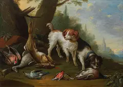 Adriaen de Gryeff, Hunting still life with spaniels, oil on panel