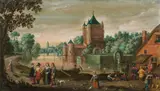 Reyer Claesz Suycker, Strolling society in front of a moated castle, oil on panel
