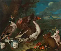 Philipp Ferdinand de Hamilton, Landscape with chicken, duck, goose and pair of doves and rabbits, 1746, oil on canvas