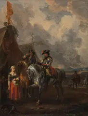 Dirk Maas, Resting equestrians in front of a merchant's tent, oil on canvas