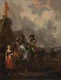 Dirk Maas, Resting equestrians in front of a merchant's tent, oil on canvas