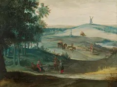 Adrian van Stalbemt, Landscape with hills and travellers, 1605-1610, oil on panel, parqueted, unframed