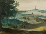 Adrian van Stalbemt, Landscape with hills and travellers, 1605-1610, oil on panel, parqueted, unframed