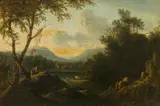 Christian Hilfgott Brand, Landscape with fishermen and a village, oil on canvas