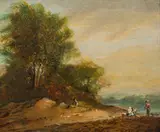 Forest landscape at a stretch of water with staffage by Johann Christian Brand, oil on metal, offered Dec 2020