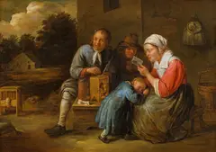 Gillis van Tilborgh, Family with bird cages, oil on panel
