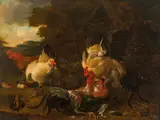 Melchior de Hondecoeter, Roosters fighting in a forest landscape, oil on canvas