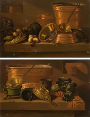 E. R. Lautter, Still life with copper dish and vegetables (counterparts), oil on panel