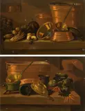 E. R. Lautter, Still life with copper dish and vegetables (counterparts), oil on panel