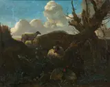 Jacob van der Does, Landscape with hills and sheep, oil on canvas