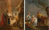 Jean-Baptiste Charpentier the Elder, Kitchen interior and family of shepherds in a landscape (counterparts), oil on canvas