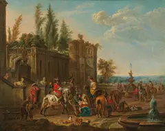 August Querfurt, Elegant hunting party in a palace garden, 1726, oil on canvas