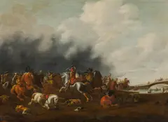 Equestrian battle scene by Jan Jakobsz van der Stoffe, oil on panel, sold Dec 2020