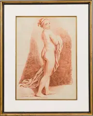 Charles André van Loo, Female nude, red chalk on paper, watermark, fleur-de-lis