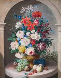 Joseph August Satory, Flower still life with fruit, 1829, watercolour on paper