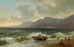 Carl Hasch, Fishermen on the seashore, oil on panel