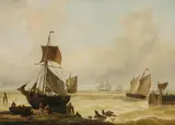 Louis Verboeckhoven, Sailing vessels off a coast, oil on canvas