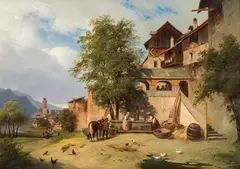 Ignaz Raffalt, At the village fountain - probably in the Wachau, oil on panel
