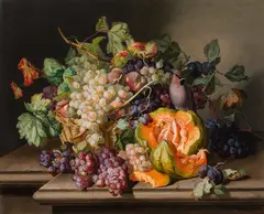 Anton Hartinger, Still life with grapes, pumpkin and waxwing, 1840, oil on canvas