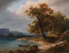Markus Pernhart, Lakeside landscape with boat, oil on canvas