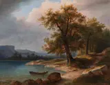 Markus Pernhart, Lakeside landscape with boat, oil on canvas