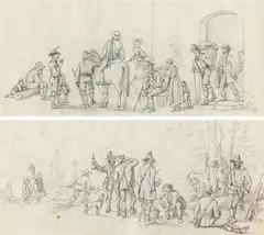 Markus Pernhart, Travelling party (recto) / hunting party (verso), pencil on paper