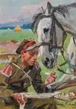 Soldier with his horse by Wojciech Kossak, 1924, oil on cardboard, sold Dec 2020