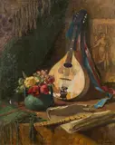 Hugo Charlemont, Still life with mandoline and roses in a vase, oil on cardboard