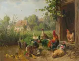Carl Jutz, Federvieh am Teich (chicken and ducks beside the pond), 1895, oil on panel