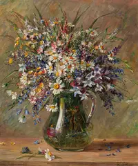 Rosa Scherer, Summer flowers in a glass jug, oil on canvas