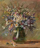 Rosa Scherer, Summer flowers in a glass jug, oil on canvas
