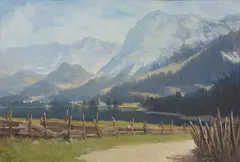 Lake Grundlsee with view of Totes Gebirge (mountain range) and Gößl by Eduard Uhlik, oil on cardboard, sold Dec 2020