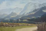 Eduard Uhlik, Lake Grundlsee with view of Totes Gebirge (mountain range) and Gößl, oil on cardboard