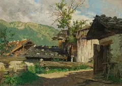 Hans Ranzoni, Farm houses in Hofgastein, 1918, oil on cardboard