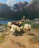 Christian Mali, Returning flock of sheep at Lake Achensee, oil on canvas