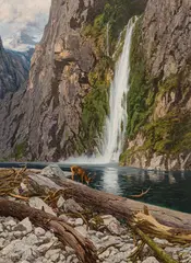Leopold Rothaug, Deer at the waterfall, oil on canvas