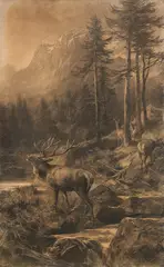Franz Xaver von Pausinger, Pack of deer beside a mountain stream, charcoal on paper